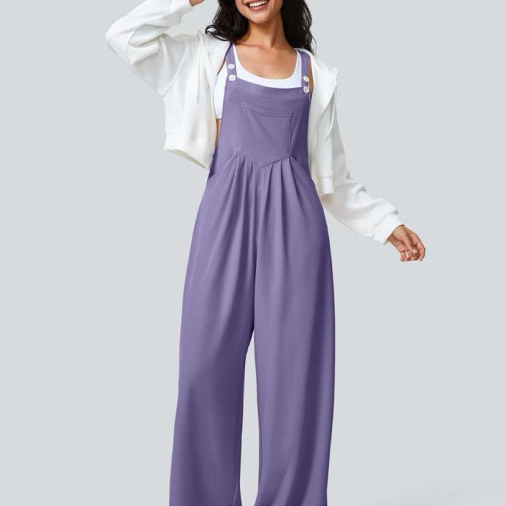 Halara Waffle Casual Overalls Jumpsuit Pockets Purple Wide Leg NWT Small